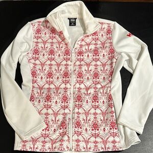 Vintage Helly Hansen Women's Full Zip Jacket in White with Red Pattern